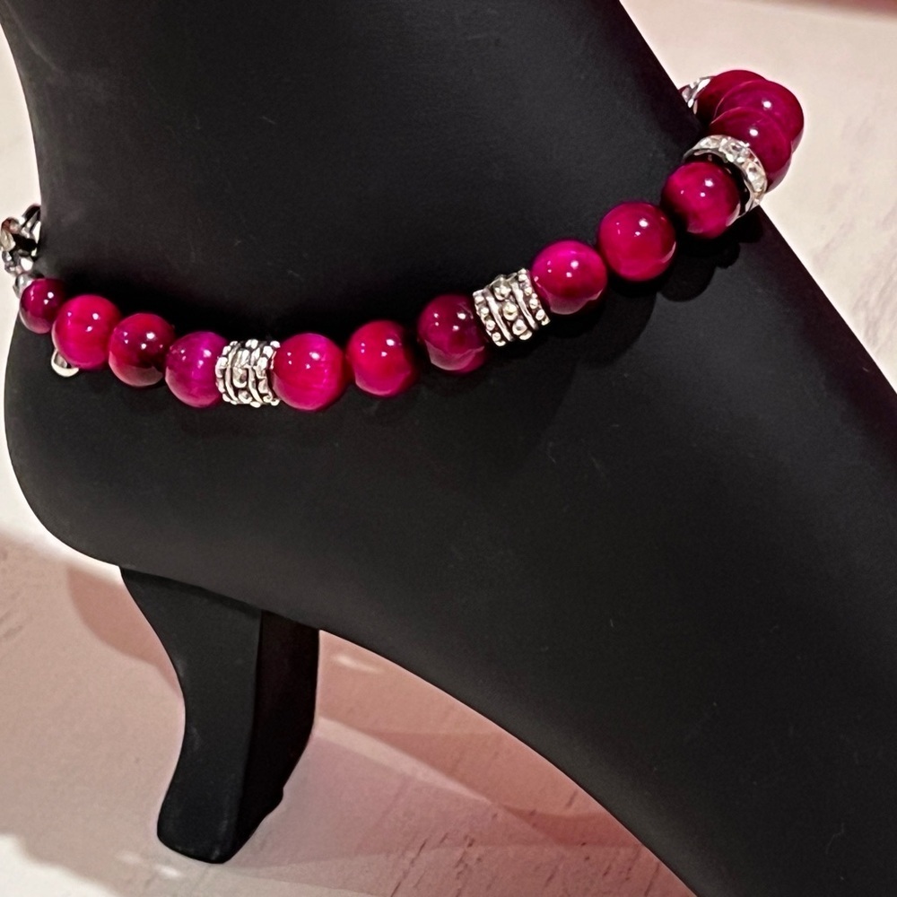 Rose Ombré Jade Beaded Anklet with Silver Barrel Accents